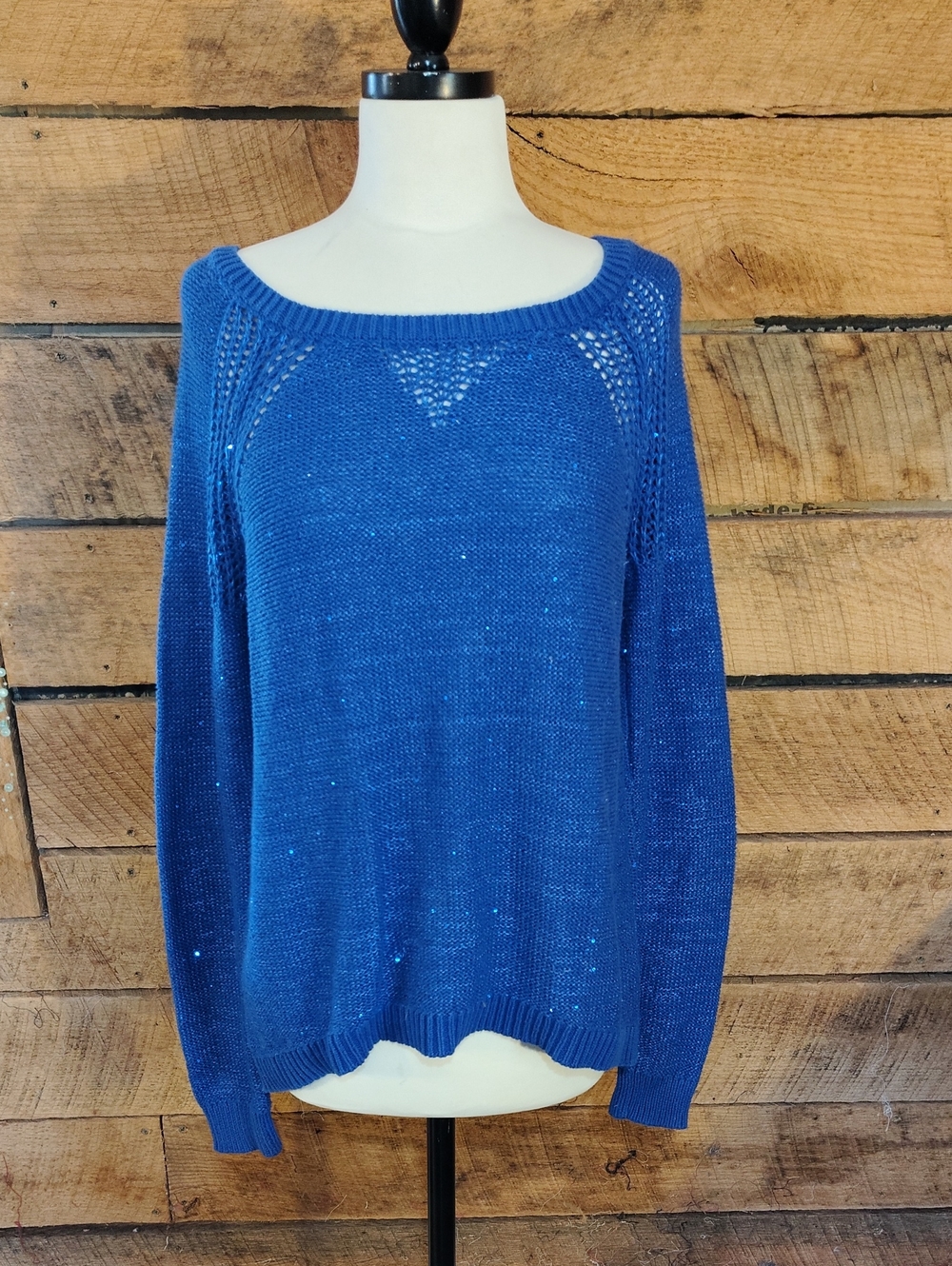 DKNY Royal Blue Open-Stitch Scoop Neck Sparkle Sweater Sz S